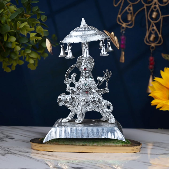 Divine Silver-Tone Durga Idol on Tiger with Canopy & Bells – Handcrafted Decorative Showpiece