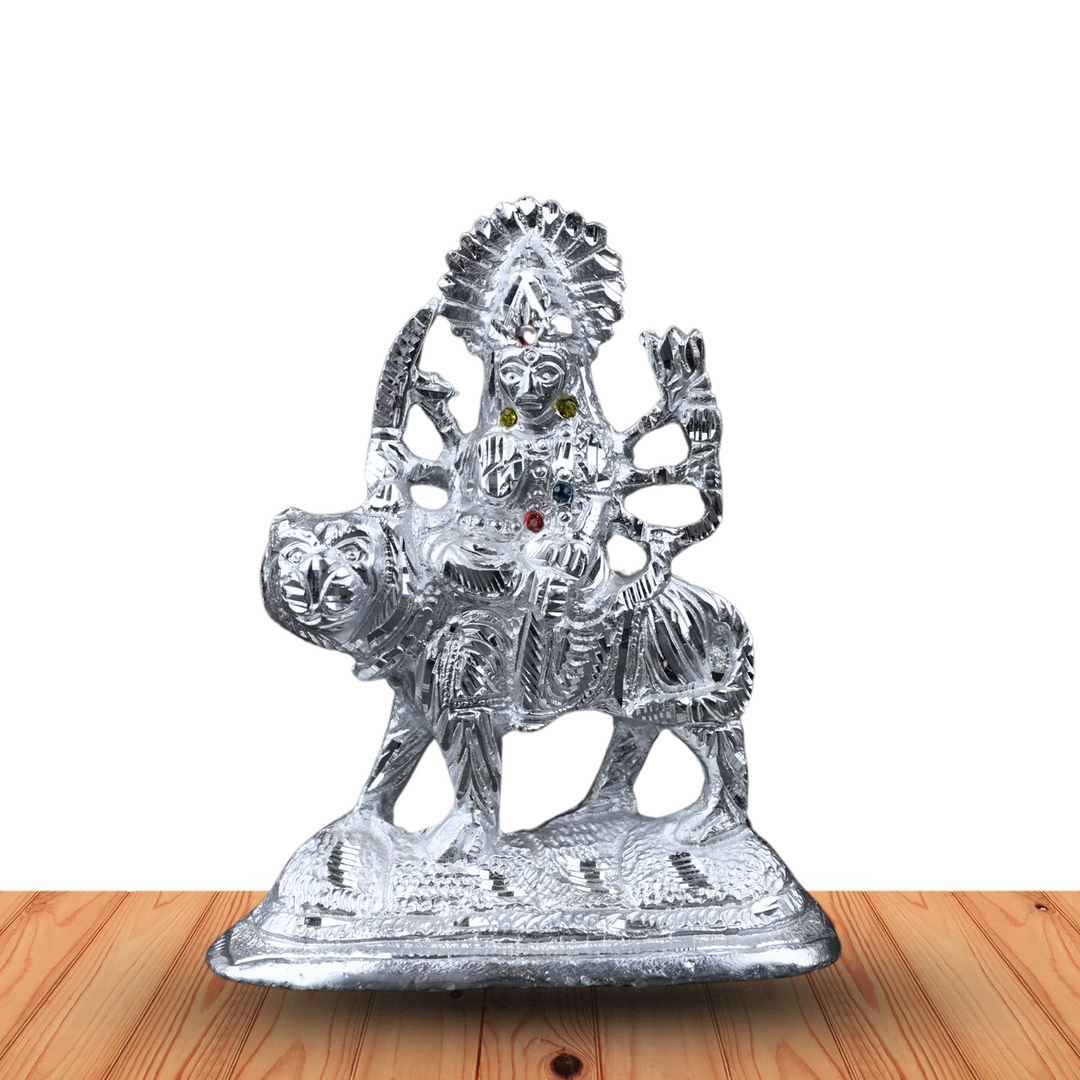 Divine Silver-Plated Maa Durga Idol on Lion