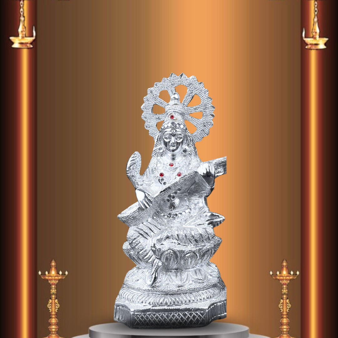 Silver Saraswati Mata ji Idol – Invite Wisdom, Creativity & Inner Peace into Your Home