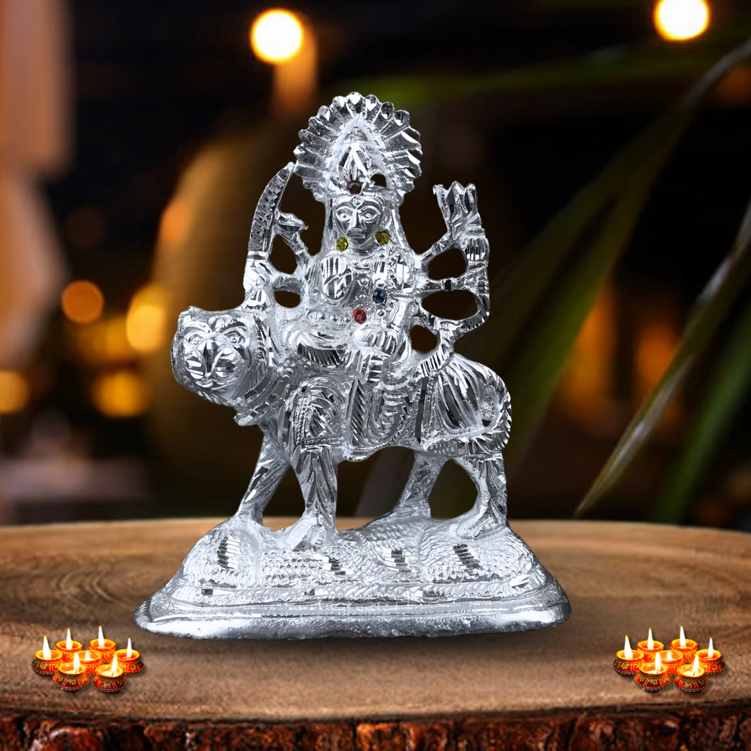Divine Silver-Plated Maa Durga Idol on Lion
