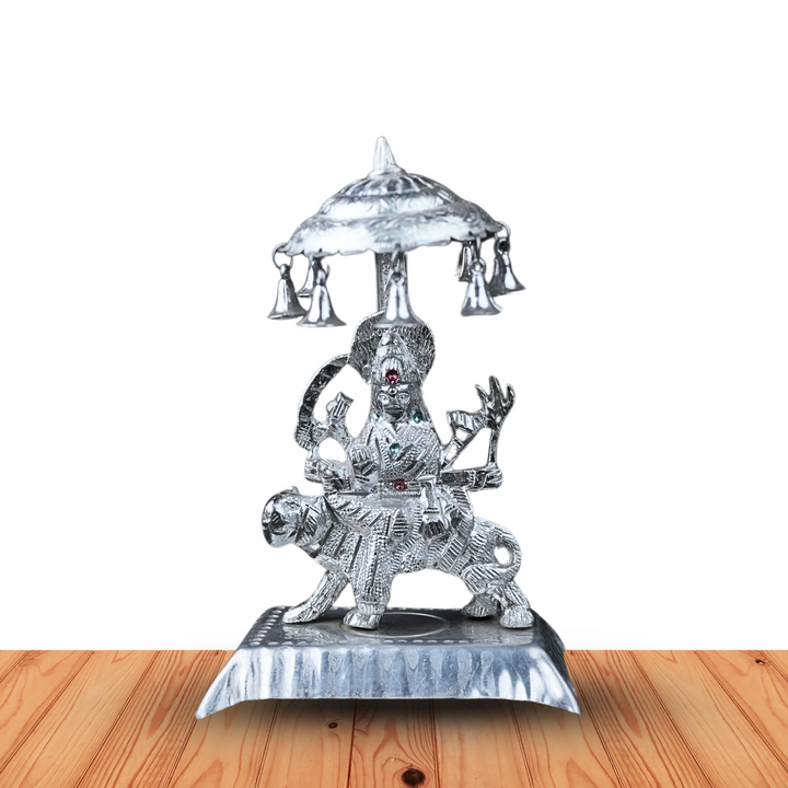 Divine Silver-Tone Durga Idol on Tiger with Canopy & Bells – Handcrafted Decorative Showpiece