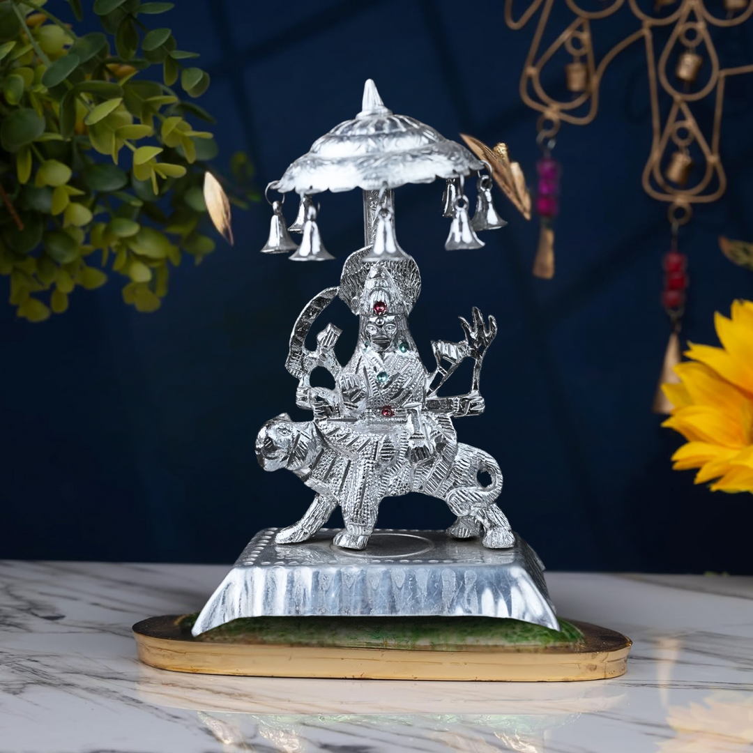 Divine Silver-Tone Durga Idol on Tiger with Canopy & Bells – Handcrafted Decorative Showpiece