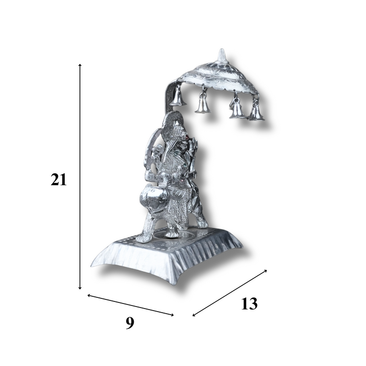 Divine Silver-Tone Durga Idol on Tiger with Canopy & Bells – Handcrafted Decorative Showpiece