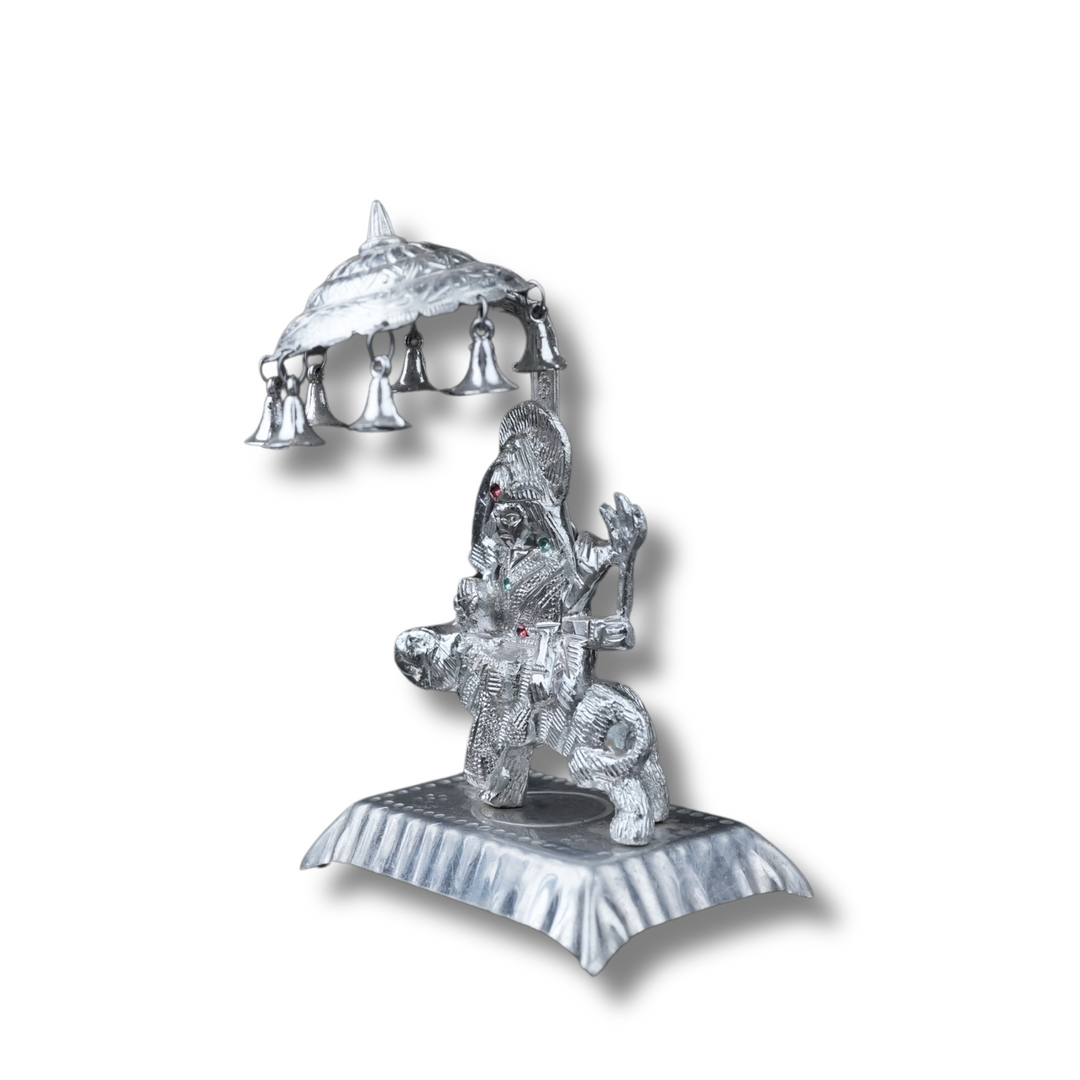 Divine Silver-Tone Durga Idol on Tiger with Canopy & Bells – Handcrafted Decorative Showpiece