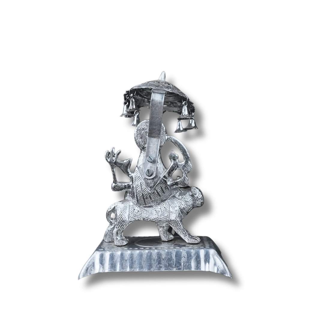 Divine Silver-Tone Durga Idol on Tiger with Canopy & Bells – Handcrafted Decorative Showpiece