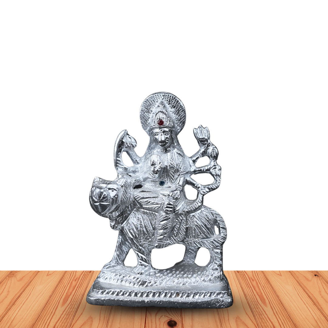 Divine Durga Maa on Tiger – Silver Finish Idol