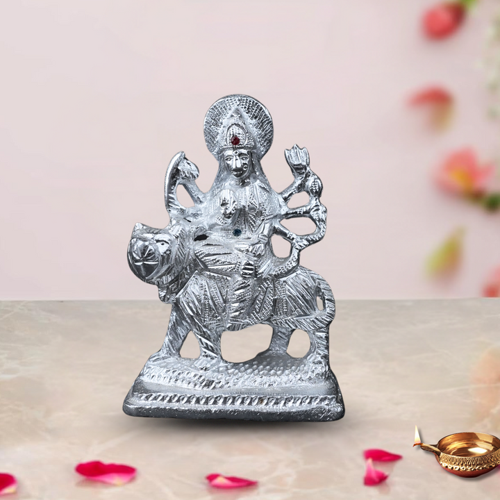 Divine Durga Maa on Tiger – Silver Finish Idol